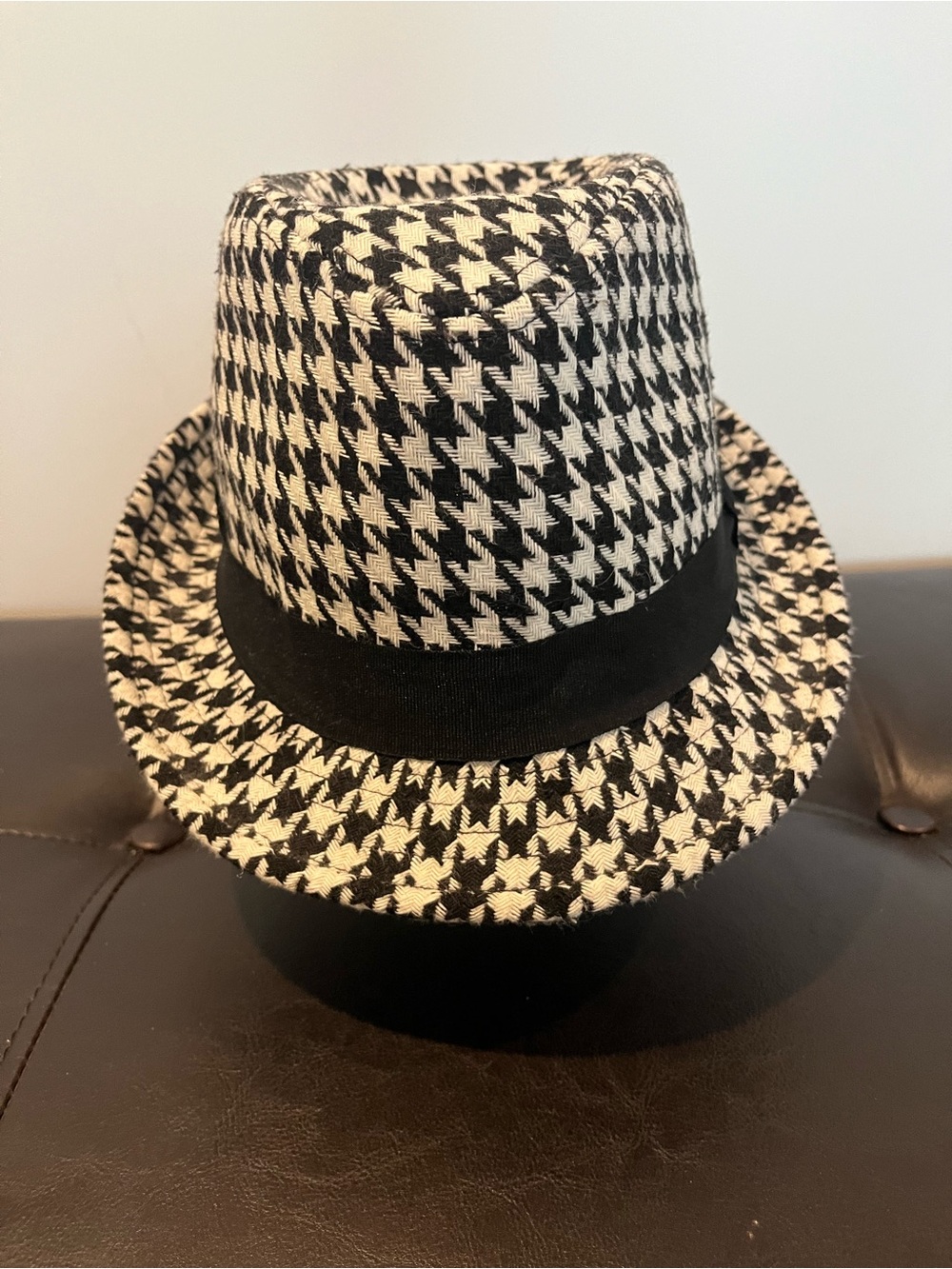 Black & White Houndstooth Trilby Hat with Black Band